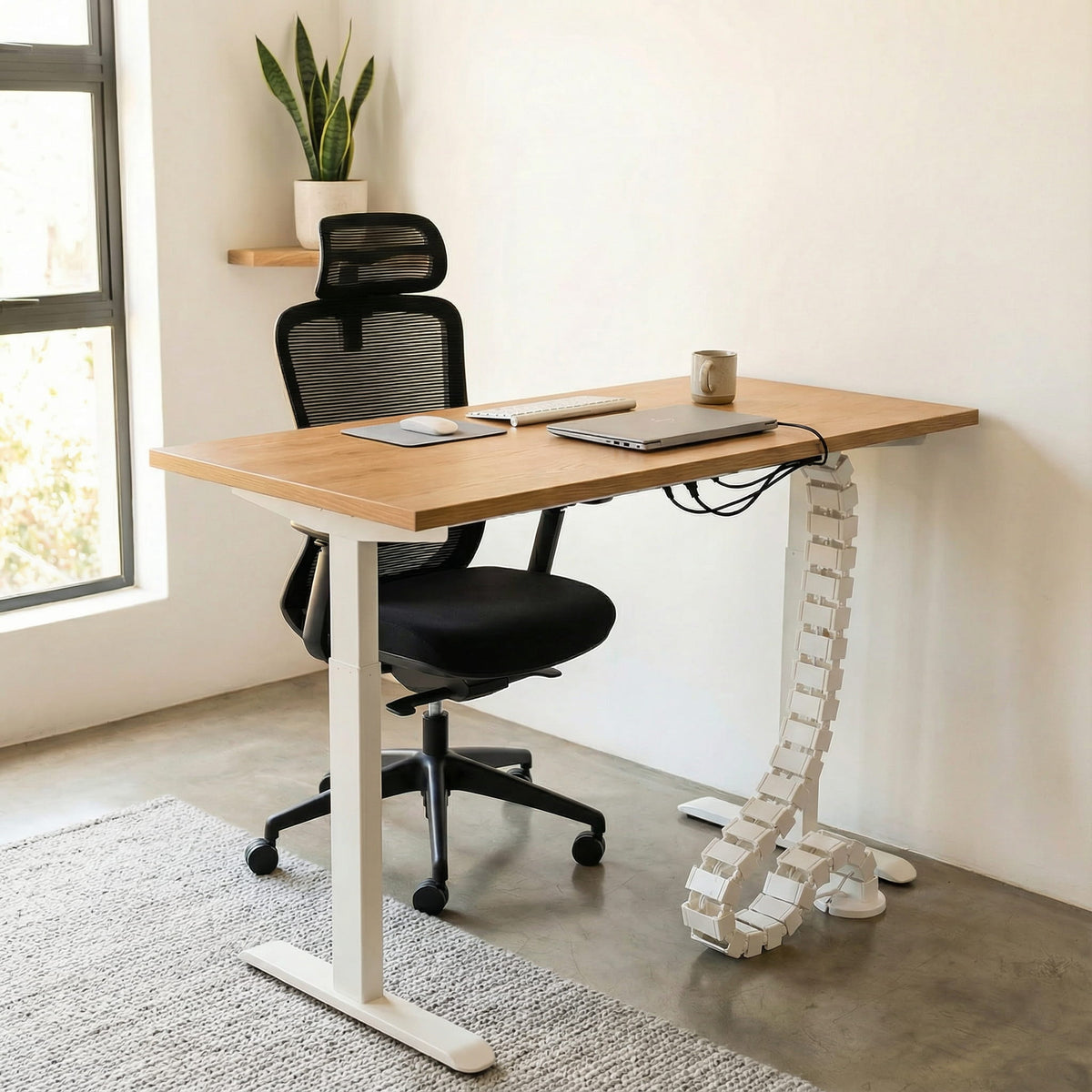 Modern office setup with a adjustable desk, chair, and computer equipment.