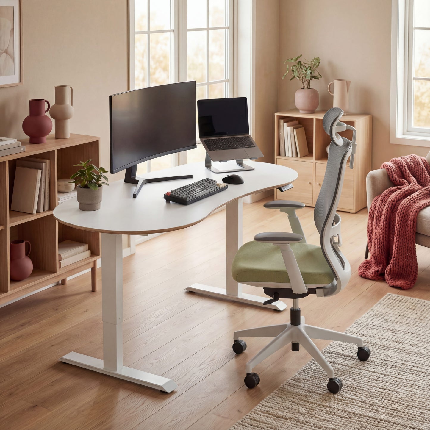 Modern home office with a adjustable desk, ergonomic chair, and computer setup.