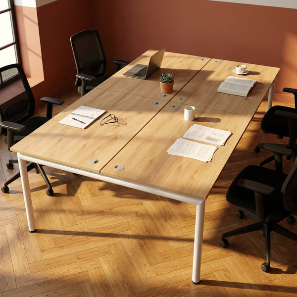 Wooden office desk for teams in corporate setting.