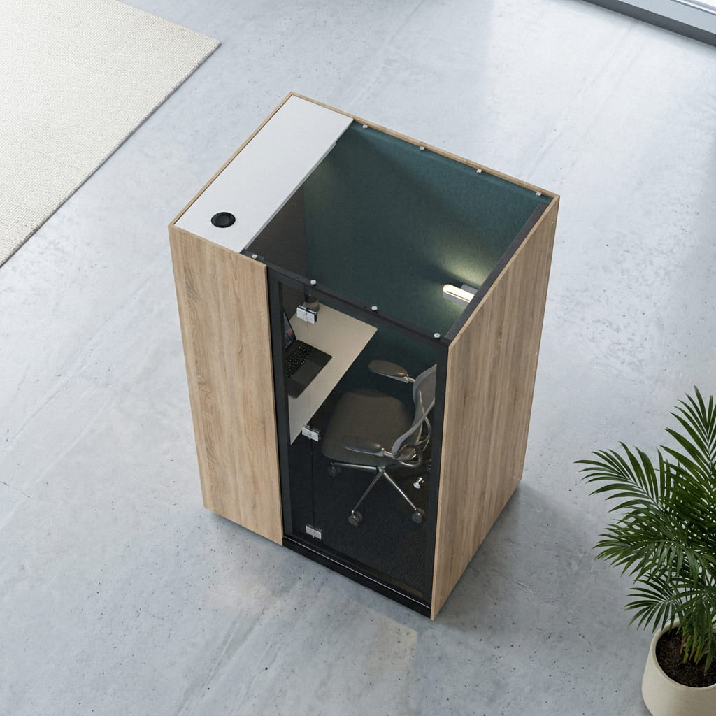 Birds eye view of the SkyLite solo office pod by C.O Designs in a workspace layout