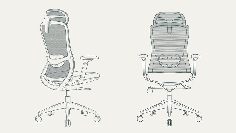 Line drawing of a ergonomic office chair with mesh back from two angles on a white background