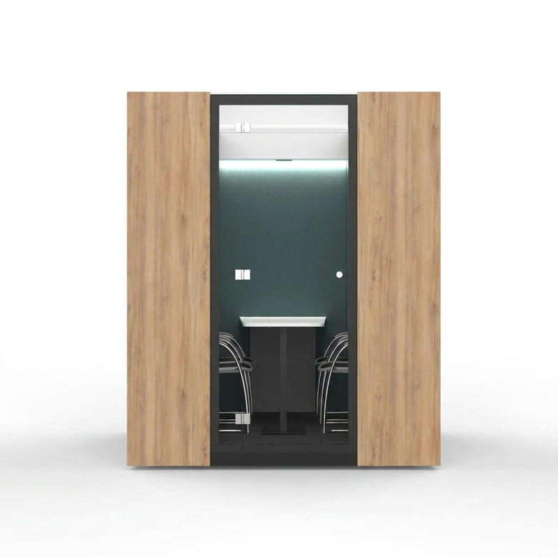 SkyLite 4-seater meeting pod in Woodgrain finish with glazed panels, studio view