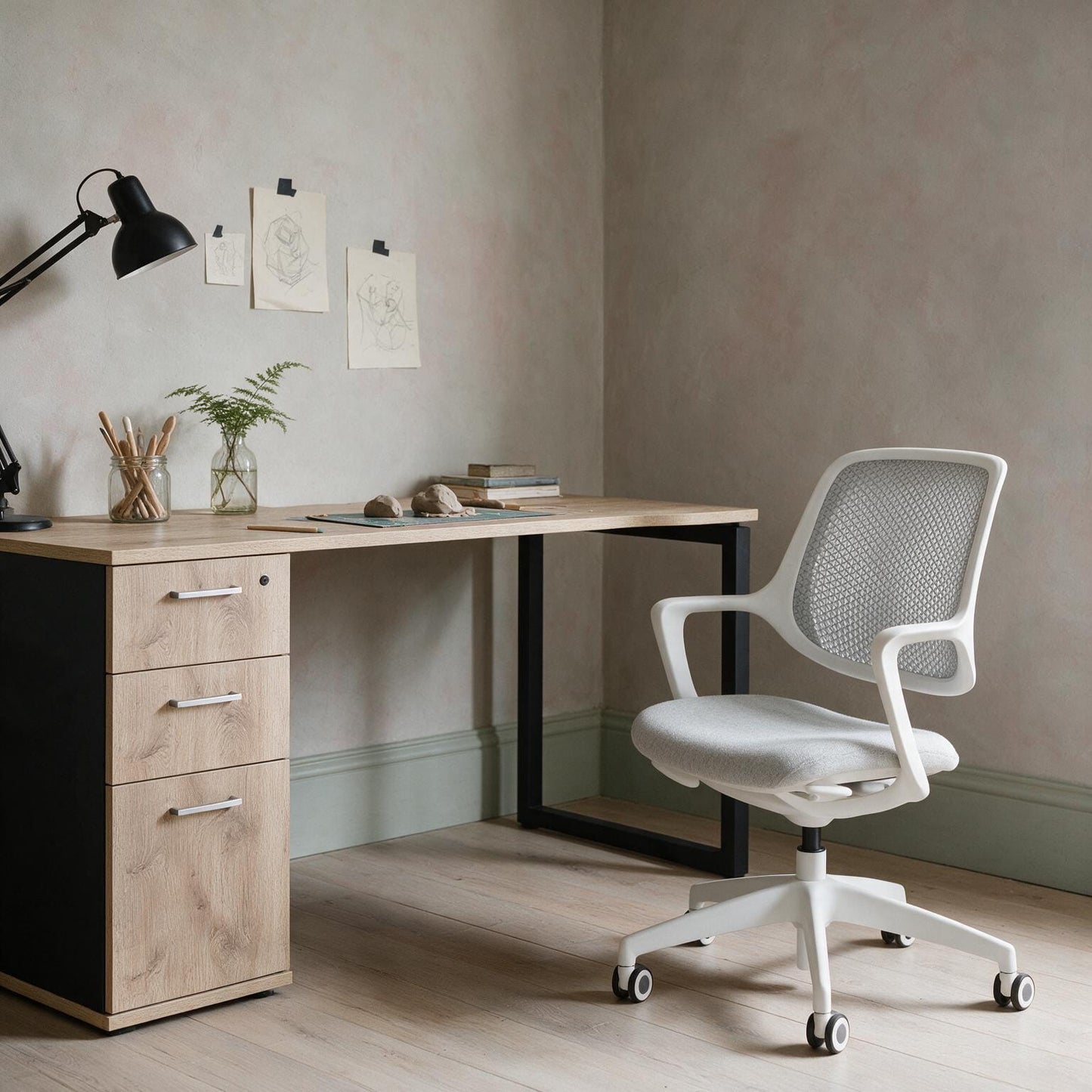 The Solo Desk with Storage in a home workspace, angled view of the desk and pedestal