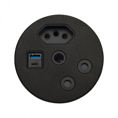 In-desk power module in black with SA sockets and USB-A and USB-C ports