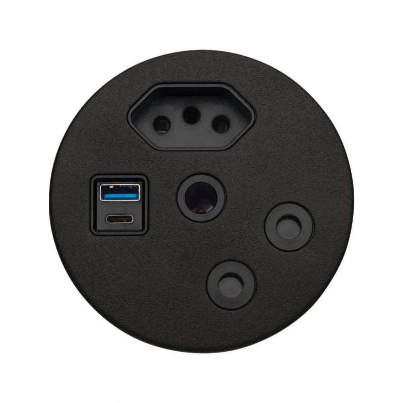 In-desk power module in black with SA sockets and USB-A and USB-C ports