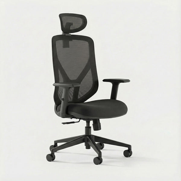 Black ergonomic office chair with mesh back on a white background