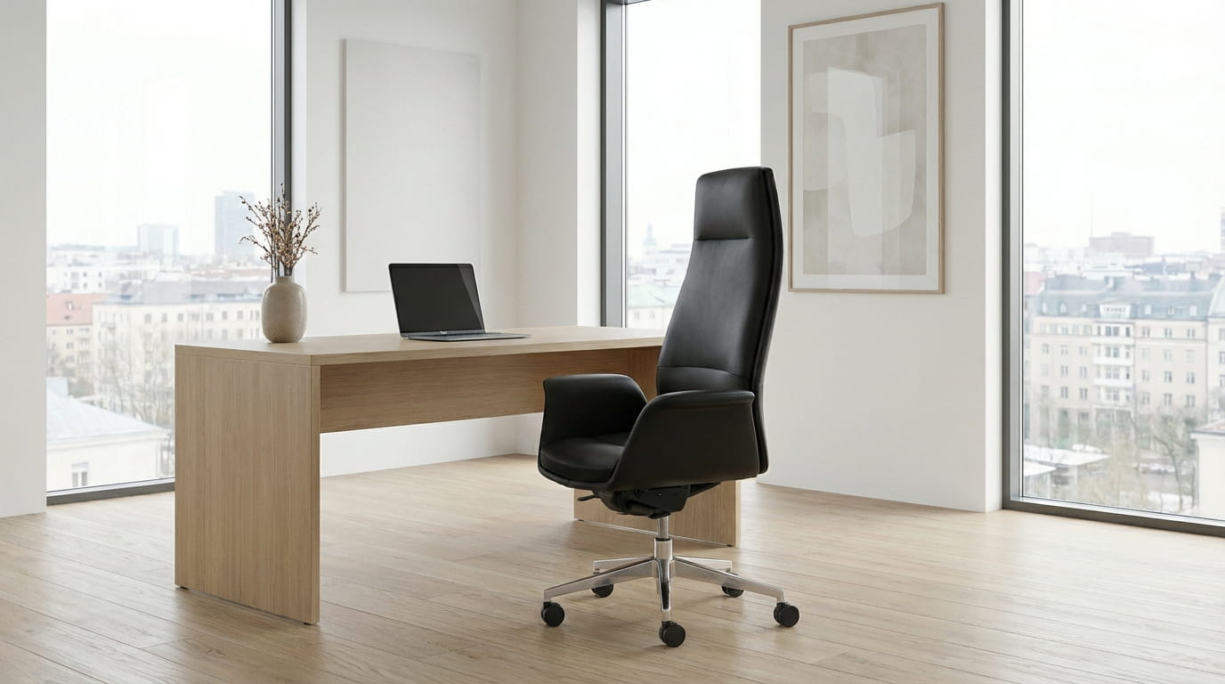 executive high back chair in black leather next to office desk