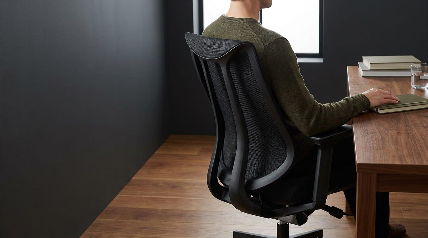 Person sitting in home office in office chair that helps with back pain