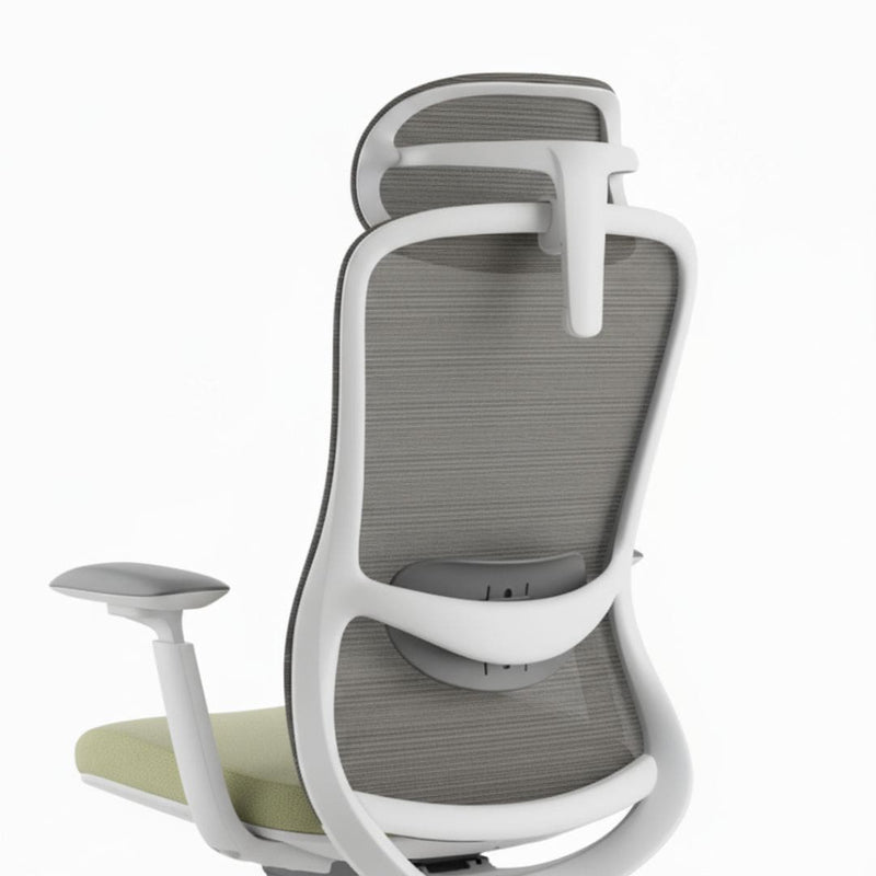 Ergonomic office chair with gray mesh back and white frame on a white background