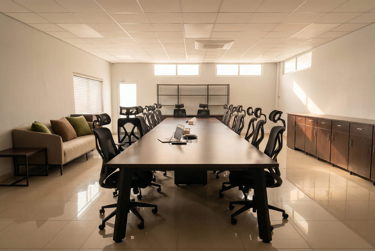 Modern office furniture with boardroom table, office seating and ergonomic chairs 