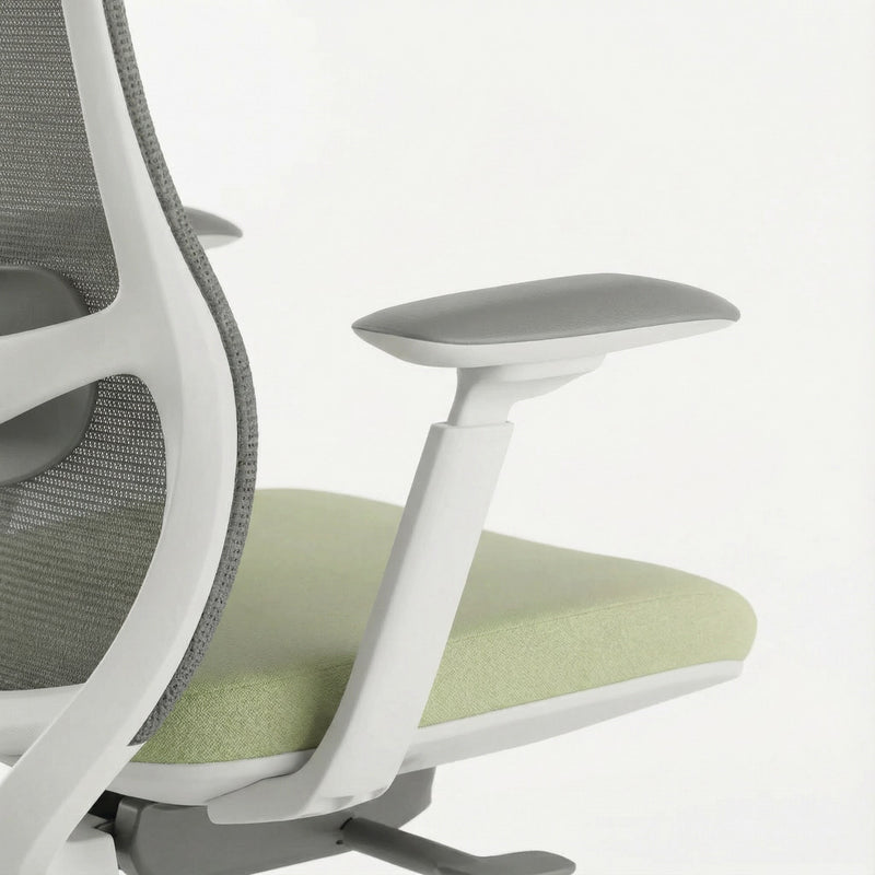 Ergonomic office chair with green seat and gray mesh backrest on a white background