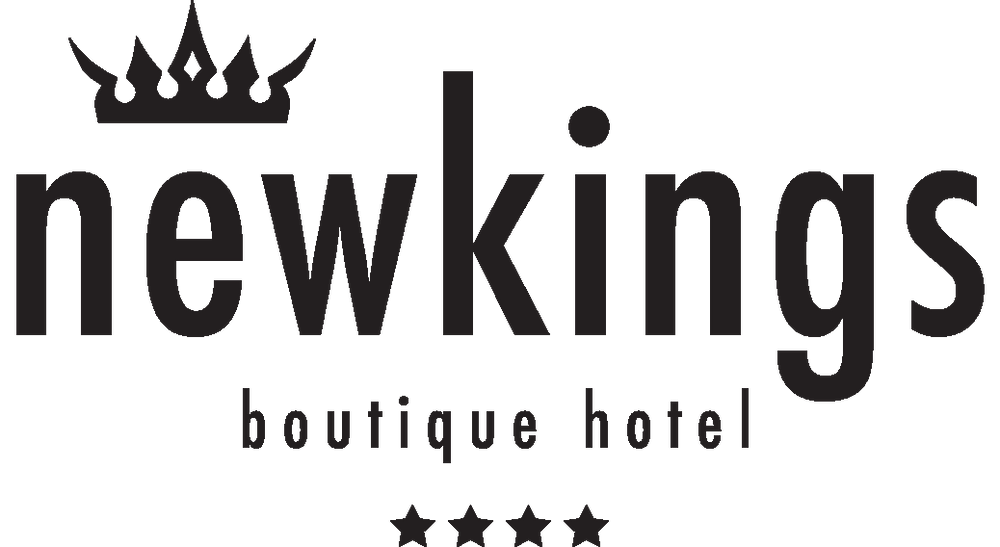 Logo of Newkings Boutique Hotel with a crown symbol above the text on a white background.
