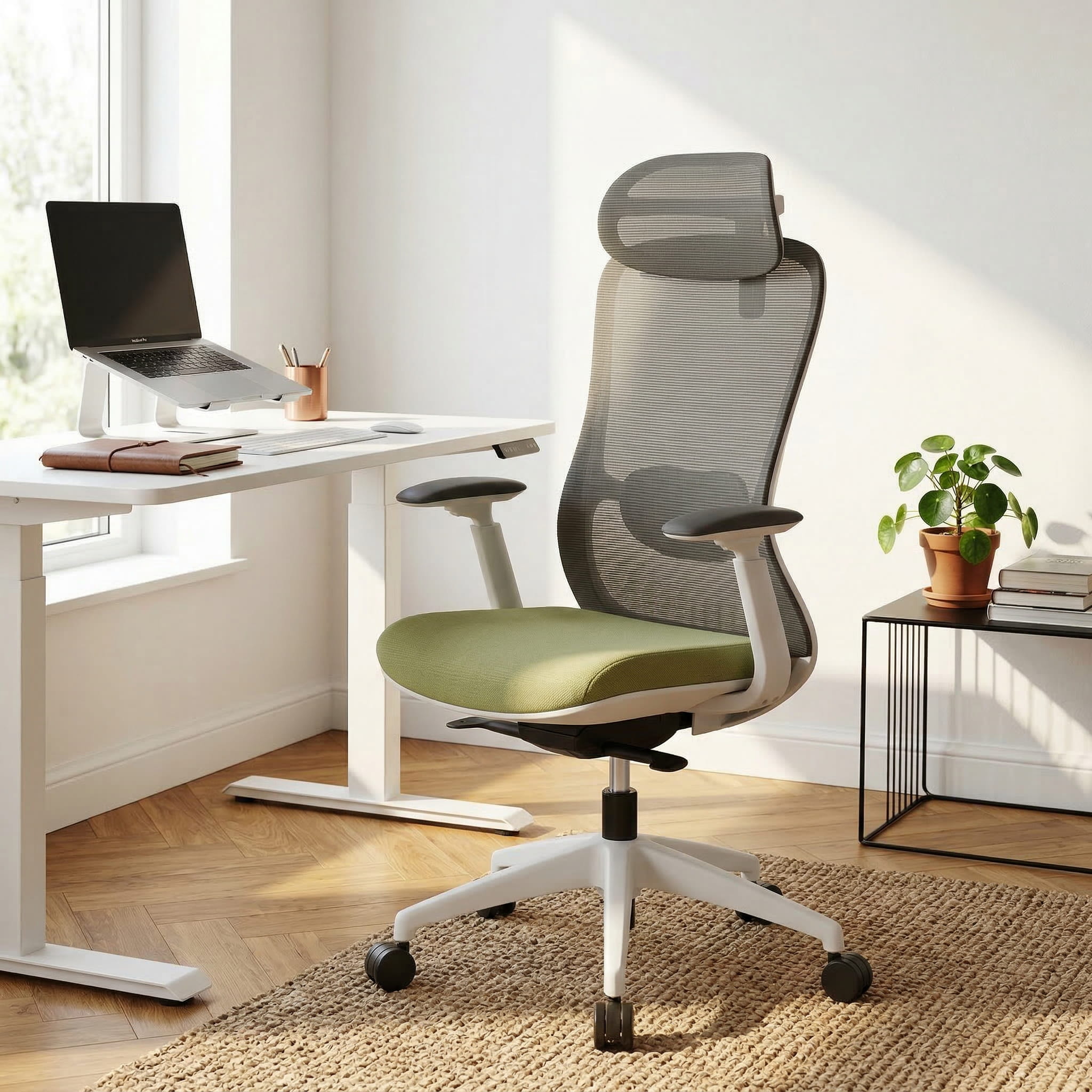 Ergonomic chair with mesh headrest in a home office setting with a sit stand desk desk and laptop.