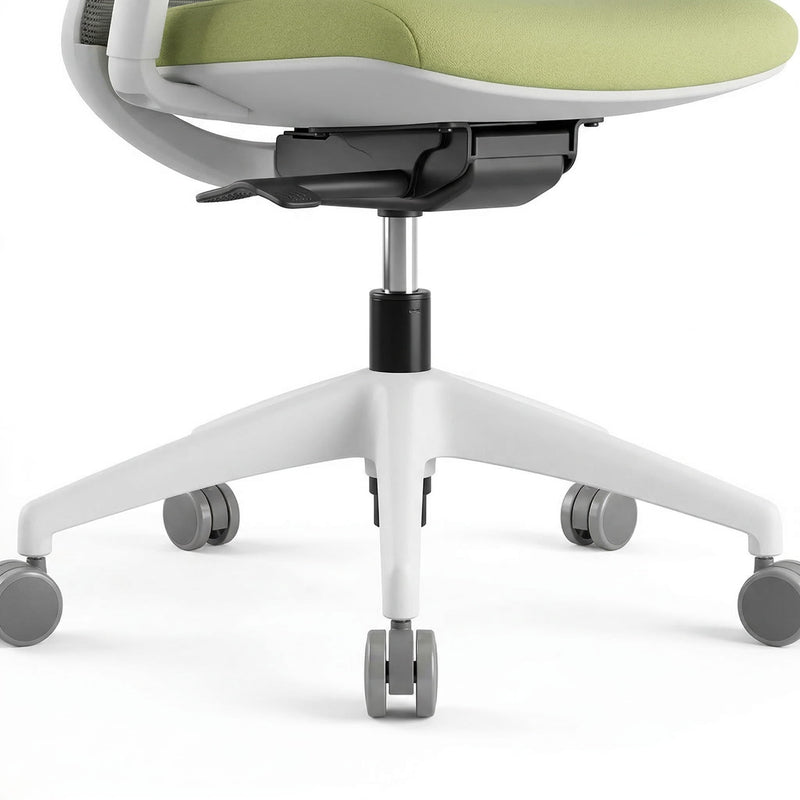 Green ergonomic office chair with white base and gray wheels on a white background