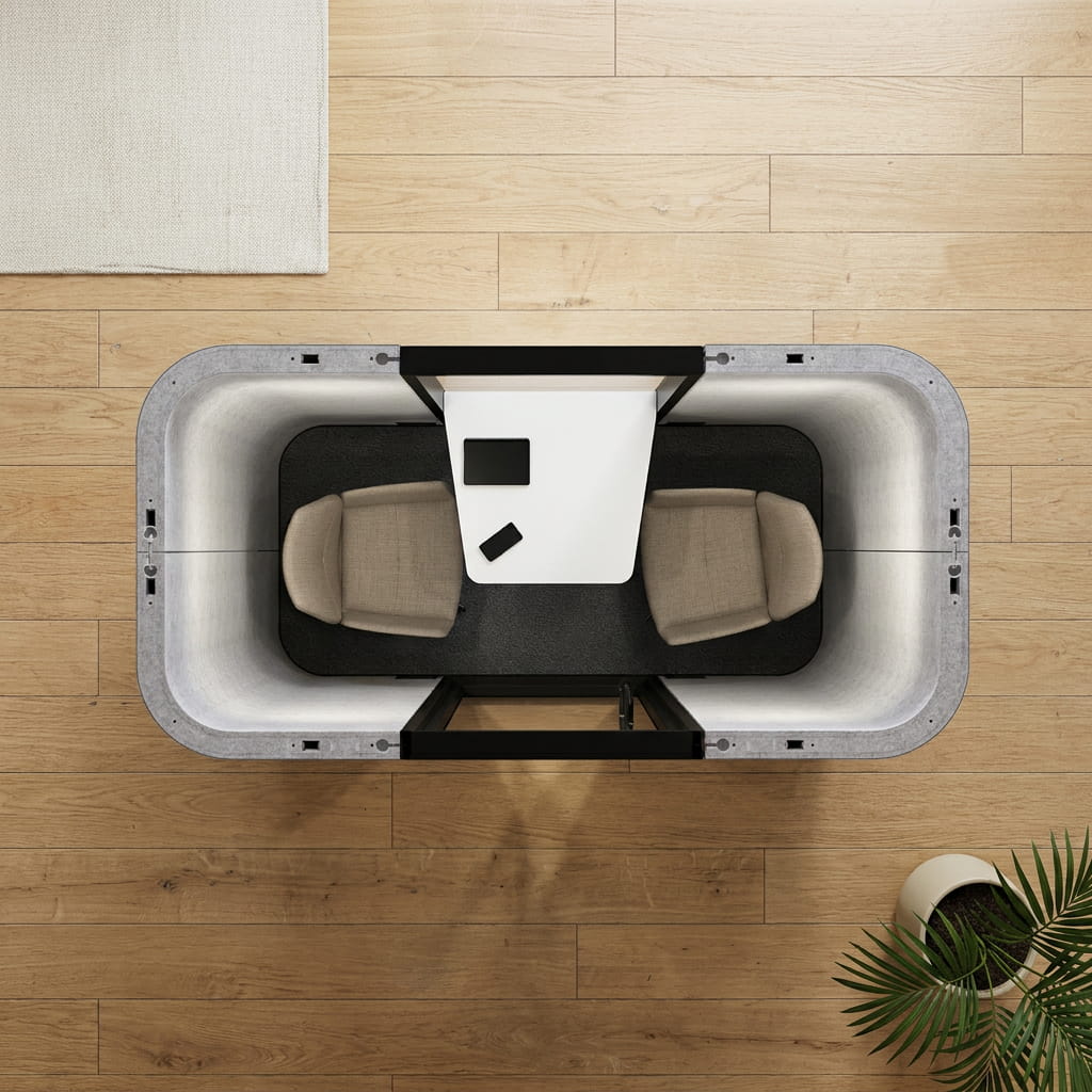 Overhead view of the ChatterBox Classic 2-seater meeting pod on an office floor