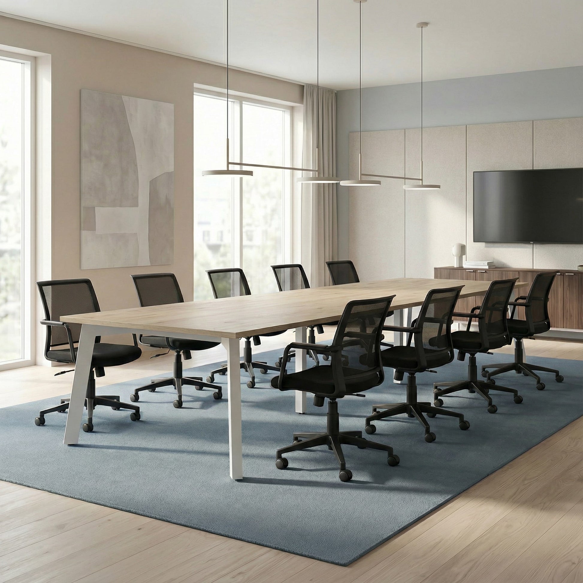 Modern conference room with a long wooden table and black chairs.