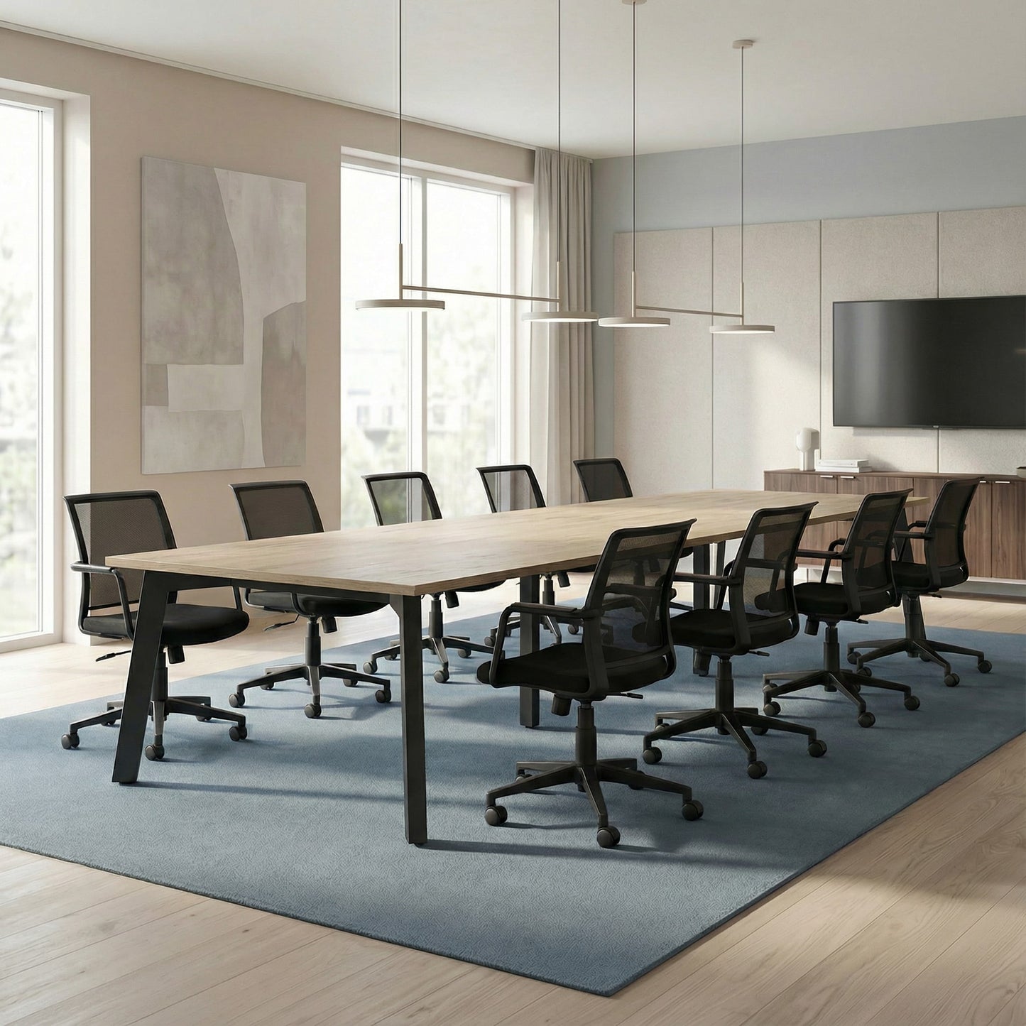 Modern conference room with a long wooden table and black conference chairs