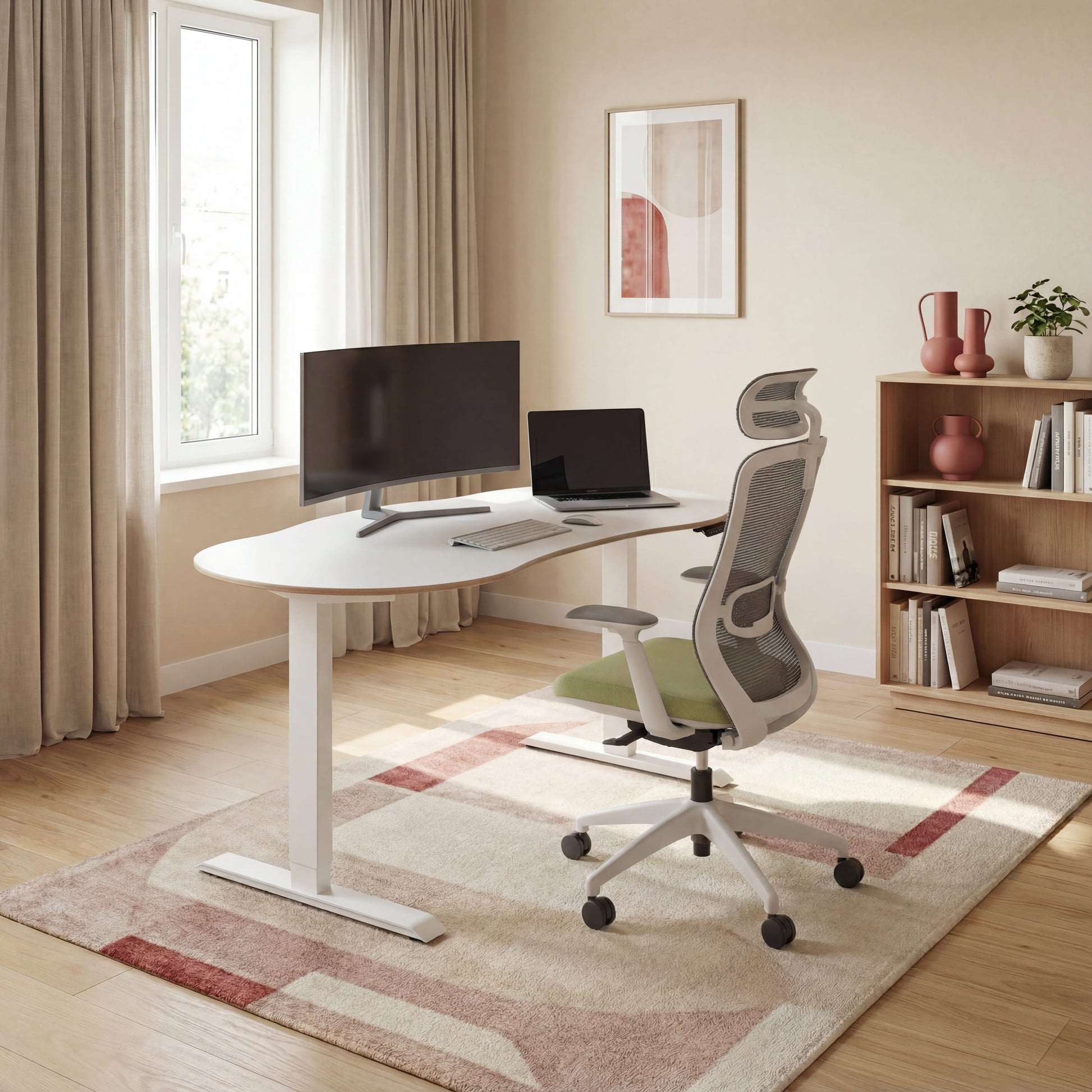Modern home office with a sit stand desk, ergonomic office chair, and computer setup.