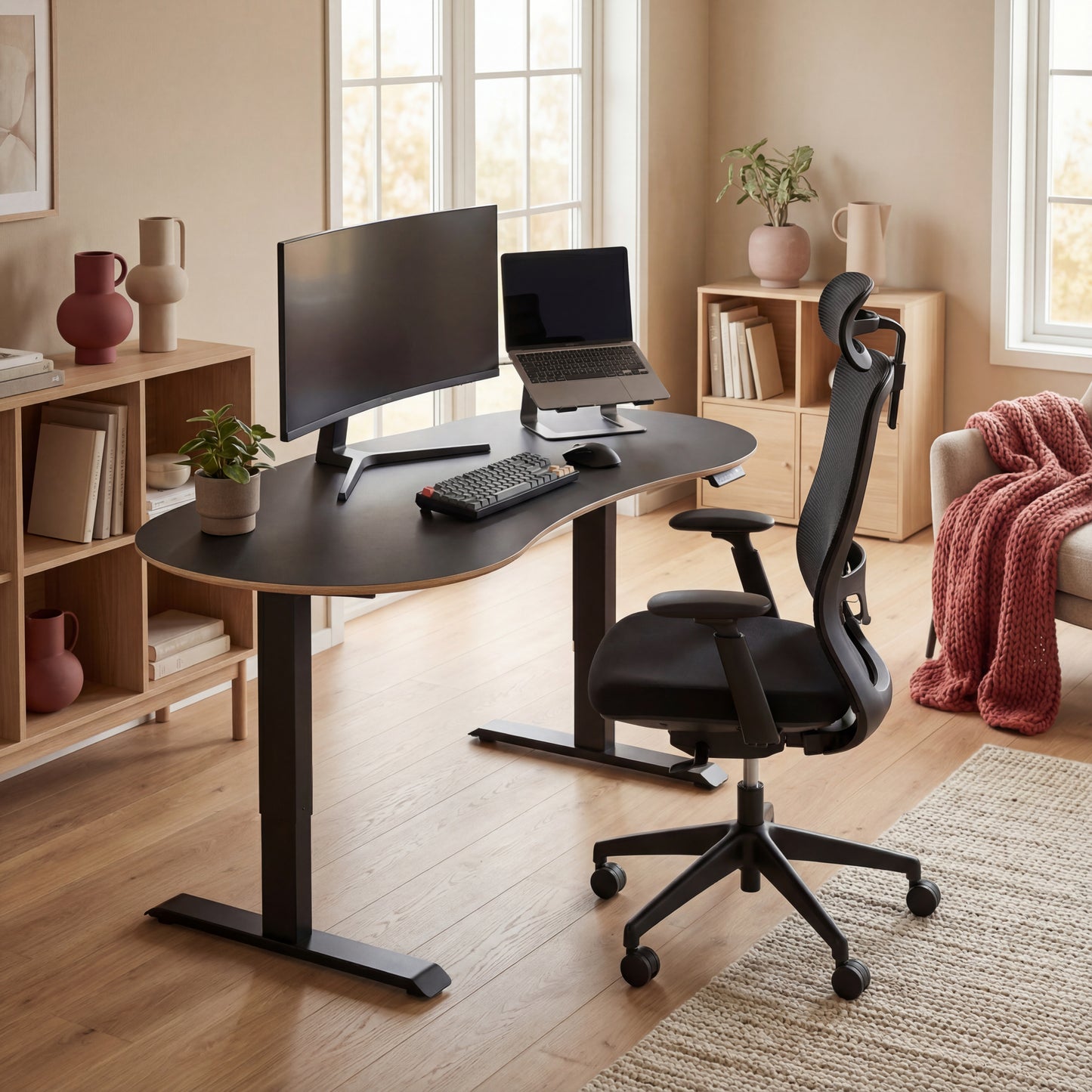 Home office setup with a adjustable desk, ergonomic chair, and computer setup.