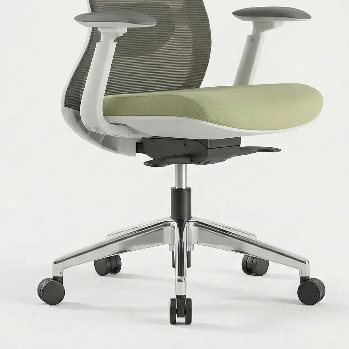 Ergonomic office chair with mesh back and armrests on a white background