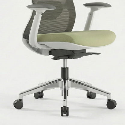 Ergonomic office chair with mesh back and armrests on a white background
