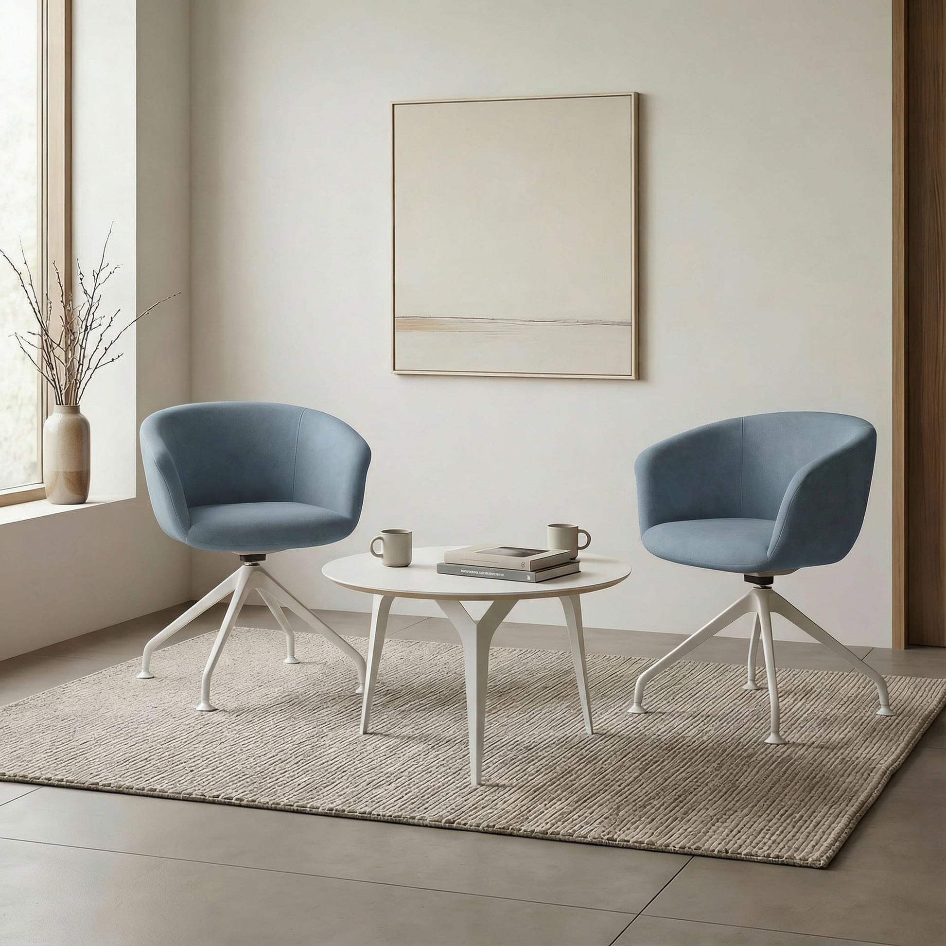 modern office furniture with two blue office seating chairs 