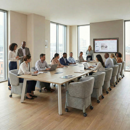 Group of people in a modern office setting around a long boardroom table with laptops.
