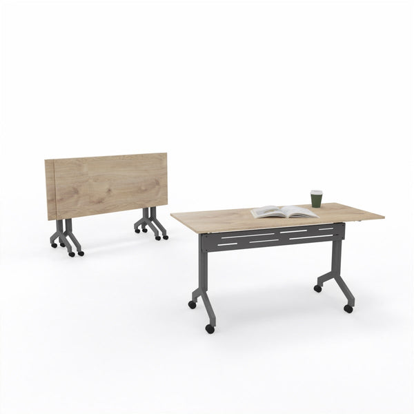 Two adjustable height desks with a book and cup on one of them, on a white background.