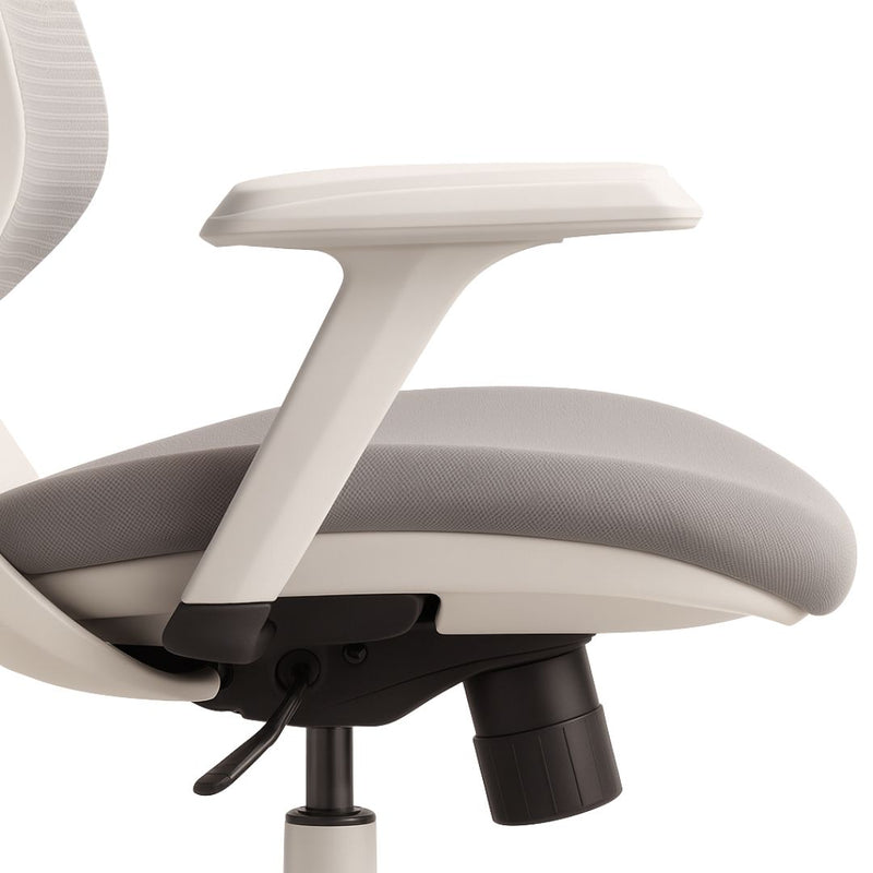 Close-up of a gray ergonomic office chair with white frame on a white background
