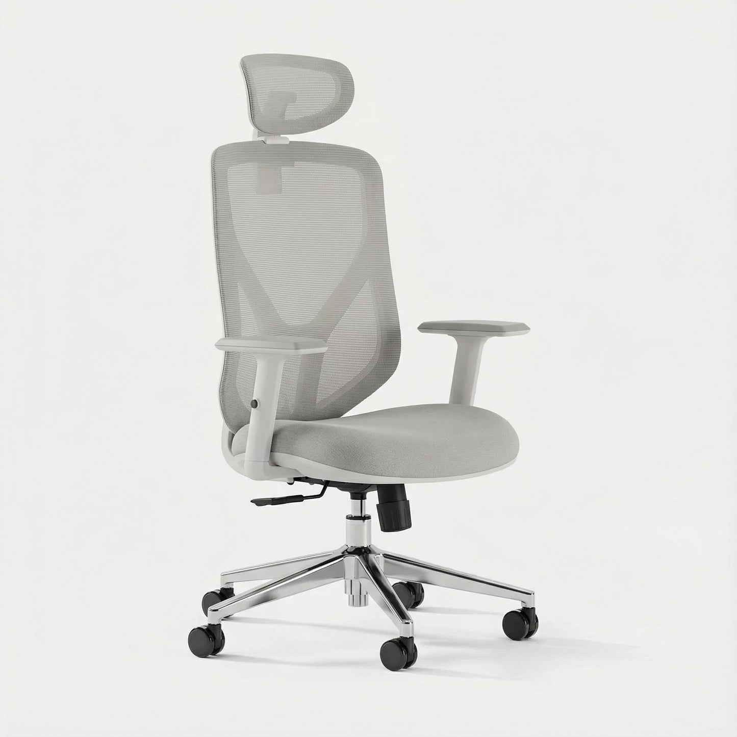 Gray ergonomic office chair with mesh back and chrome base on a white background for home and office use