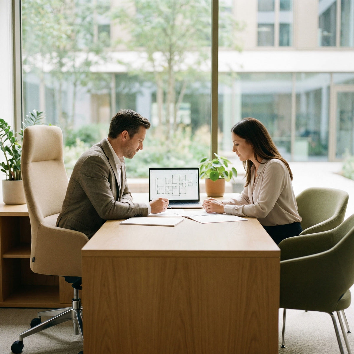 Two people working together at a desk in a modern office setting sitting on ergonomic chairs