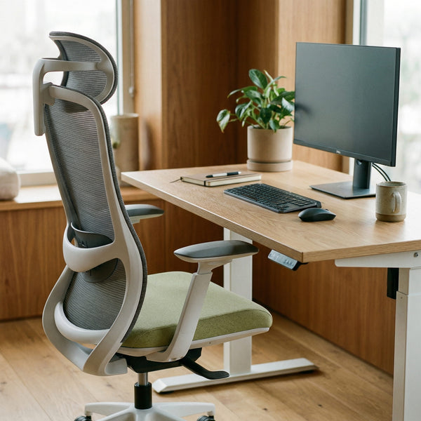 Ergonomic chair in a home office setting with a standing desk, computer, and plant.