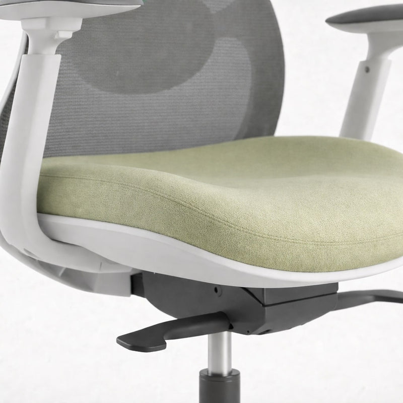 Ergonomic office chair with green seat and gray mesh back on a white background
