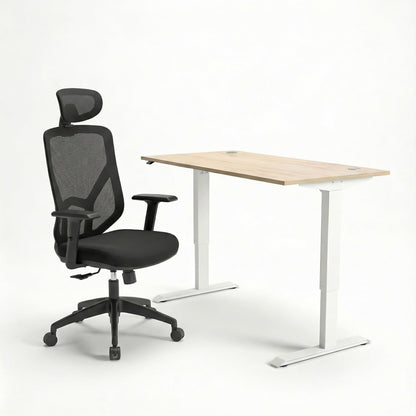 Black office chair and adjustable desk on a white background