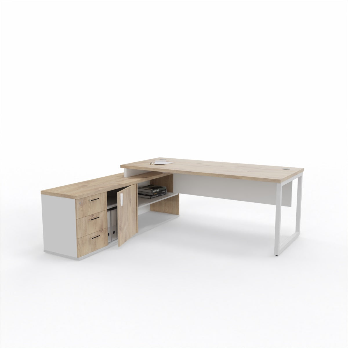 L-shaped desk with wooden top and white sides on a white background