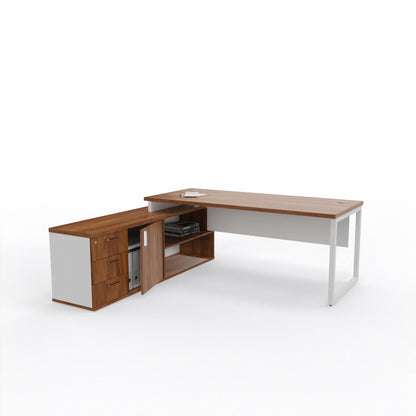 Wooden L-shaped desk with white side panels with side storage on a white background