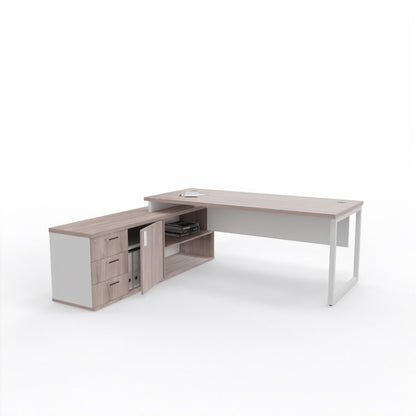 L-shaped desk with storage cabinets on a white background