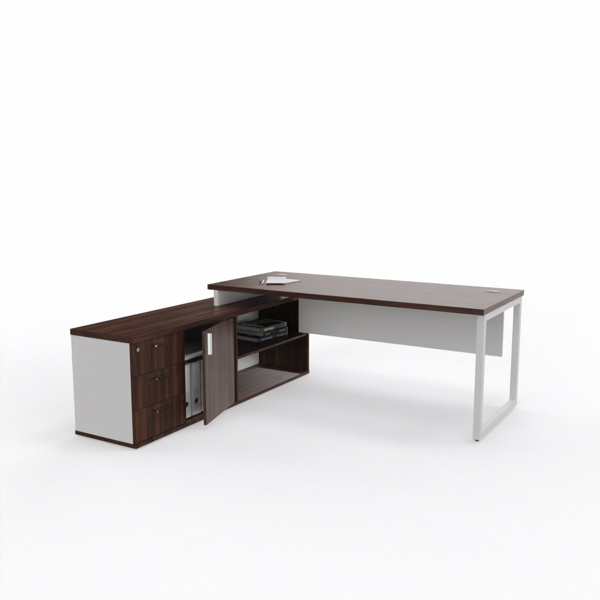 L-shaped office desk with dark wood finish and white sides on a white background