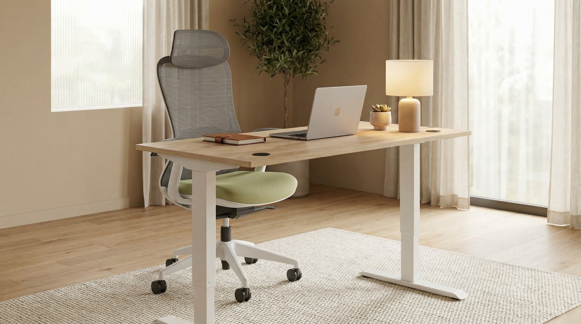 Home Office space with height adjustable sit stand desk and a ergonomic chair with headrest