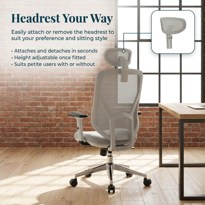 Ergonomic chair with detachable headrest in a modern office setting