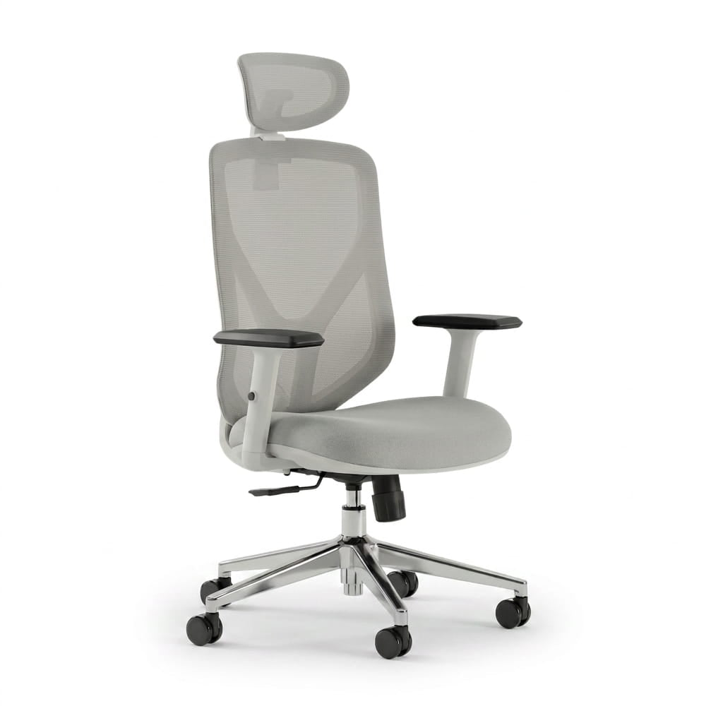 Gray office chair with headrest on a white background