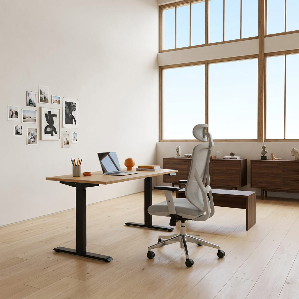 Modern office setup with a desk, chair, and decor in a bright room.
