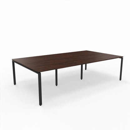 Rectangular wooden meeting room table with black metal legs on a white background
