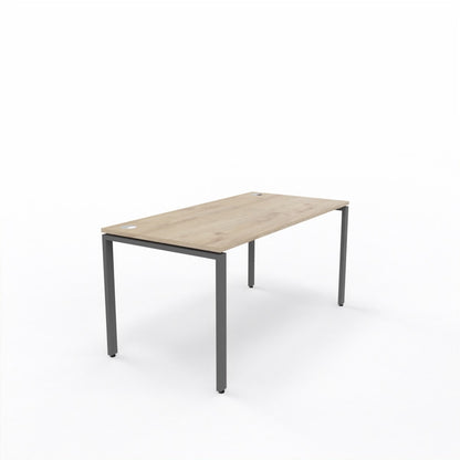 Rectangular table with wooden surface and metal legs on a white background