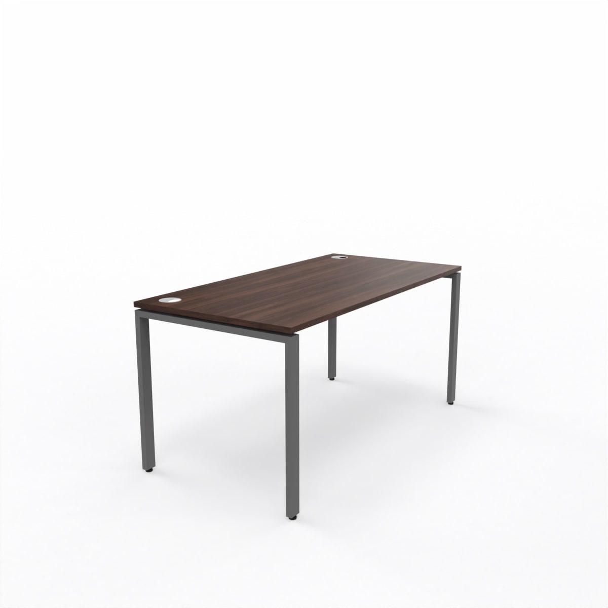 Fixed Office Desks with dark wooden table top and dark grey steel frame desks 