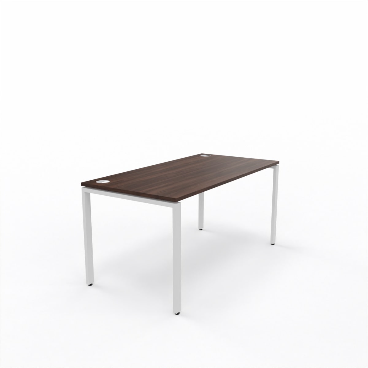 Fixed Office Desks with dark oak wooden table top and off white steel frame desks 