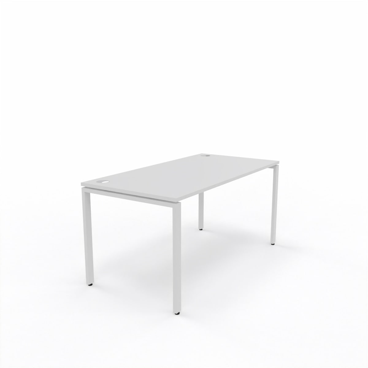 Fixed Office Desks with white table top and white steel frame desks. 