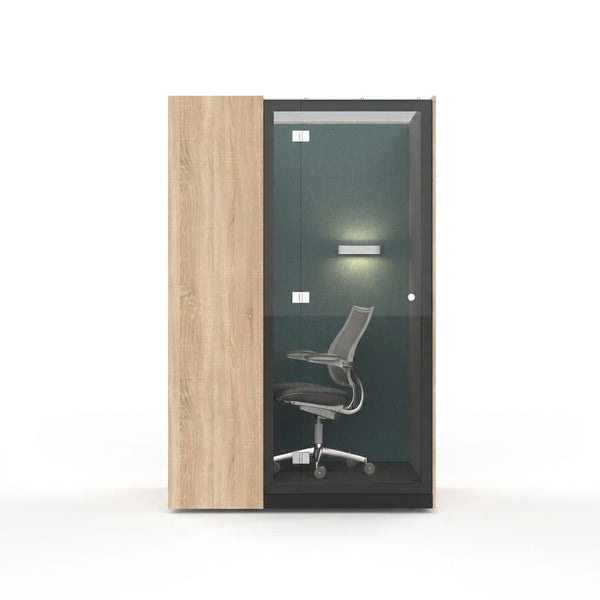 SkyLite Solo Focus Task Pod in Woodgrain finish with glazed roofline, studio view