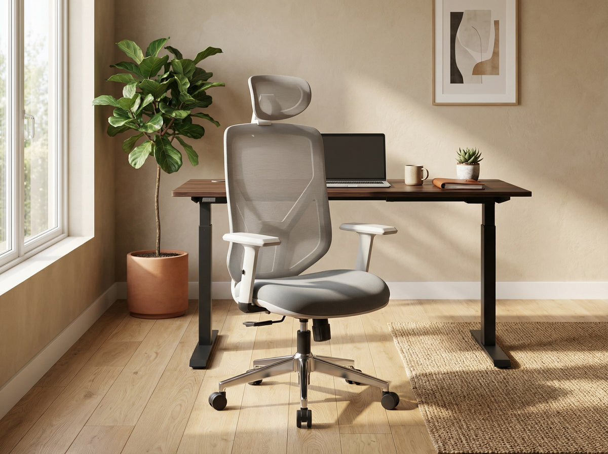 Gray ergonomic office chair in a home office setting with a standing desk, laptop, and decor.