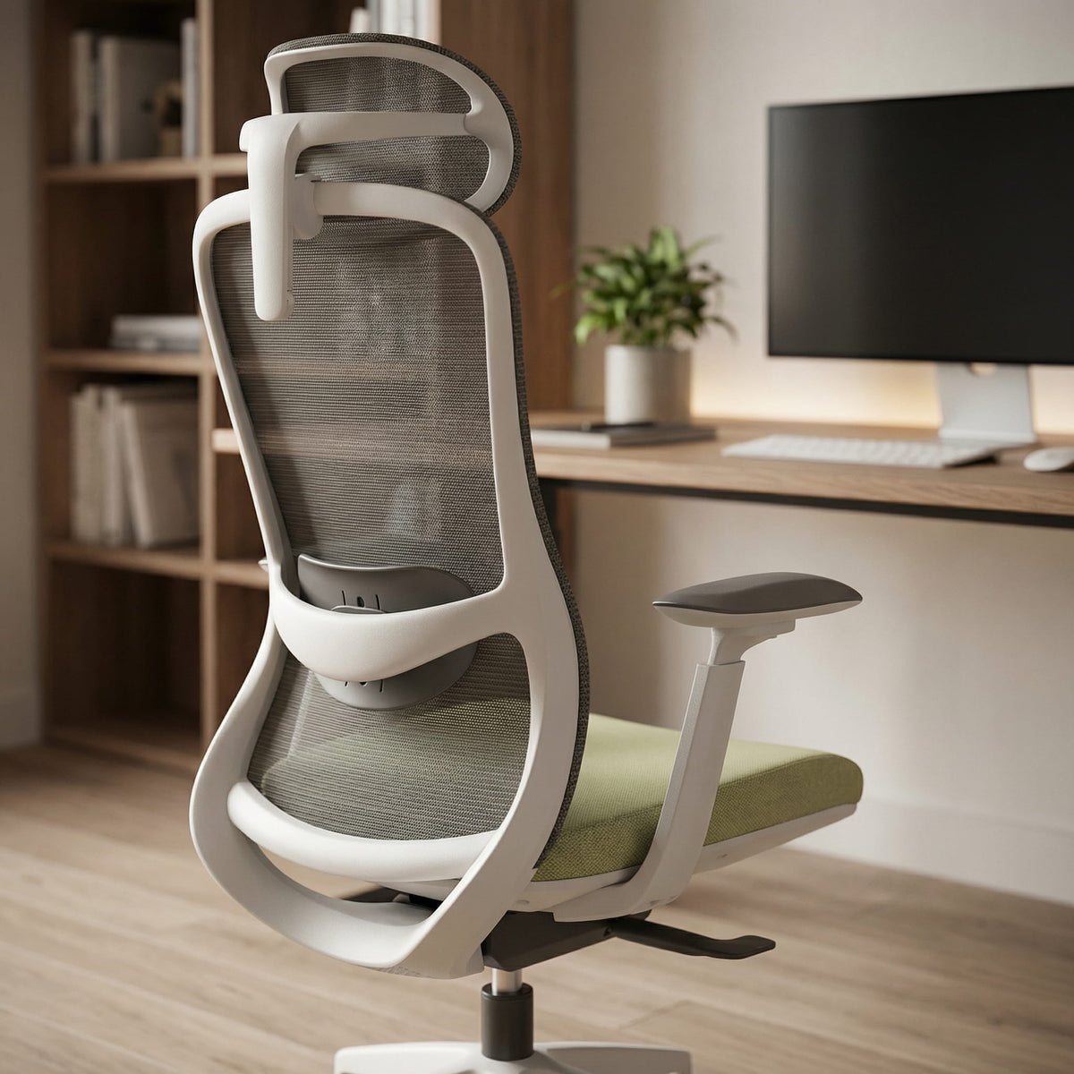 Ergonomic office chair in a home office setting with a sit stand desk and computer monitor.